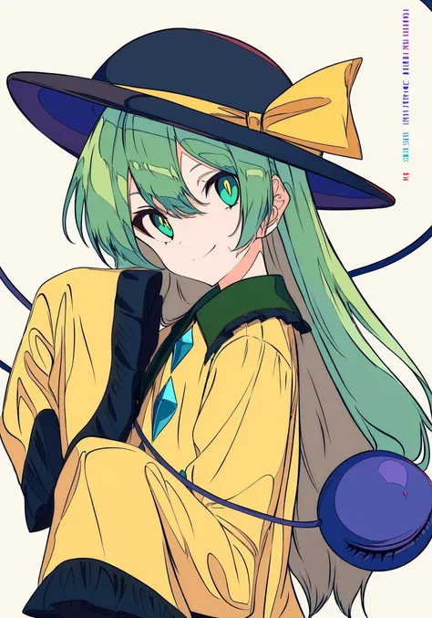 1girl, 
komeiji koishi, touhou, 
cogecha, mochizuki kei, 
collared shirt, ribbon, green eyes, frilled sleeves, yellow shirt, hat, green hair, black hat, long hair, third eye, sleeves past wrists, simple background, hat ribbon, smile, upper body, yellow ribbon, buttons, long sleeves, english text, diamond button, sleeves past fingers, shirt, grey background, solo, closed mouth, character name, wide sleeves, frills, ligne claire, eyeball, diamond \(shape\), looking at viewer, 
masterpiece, best quality, newest, absurdres, highres