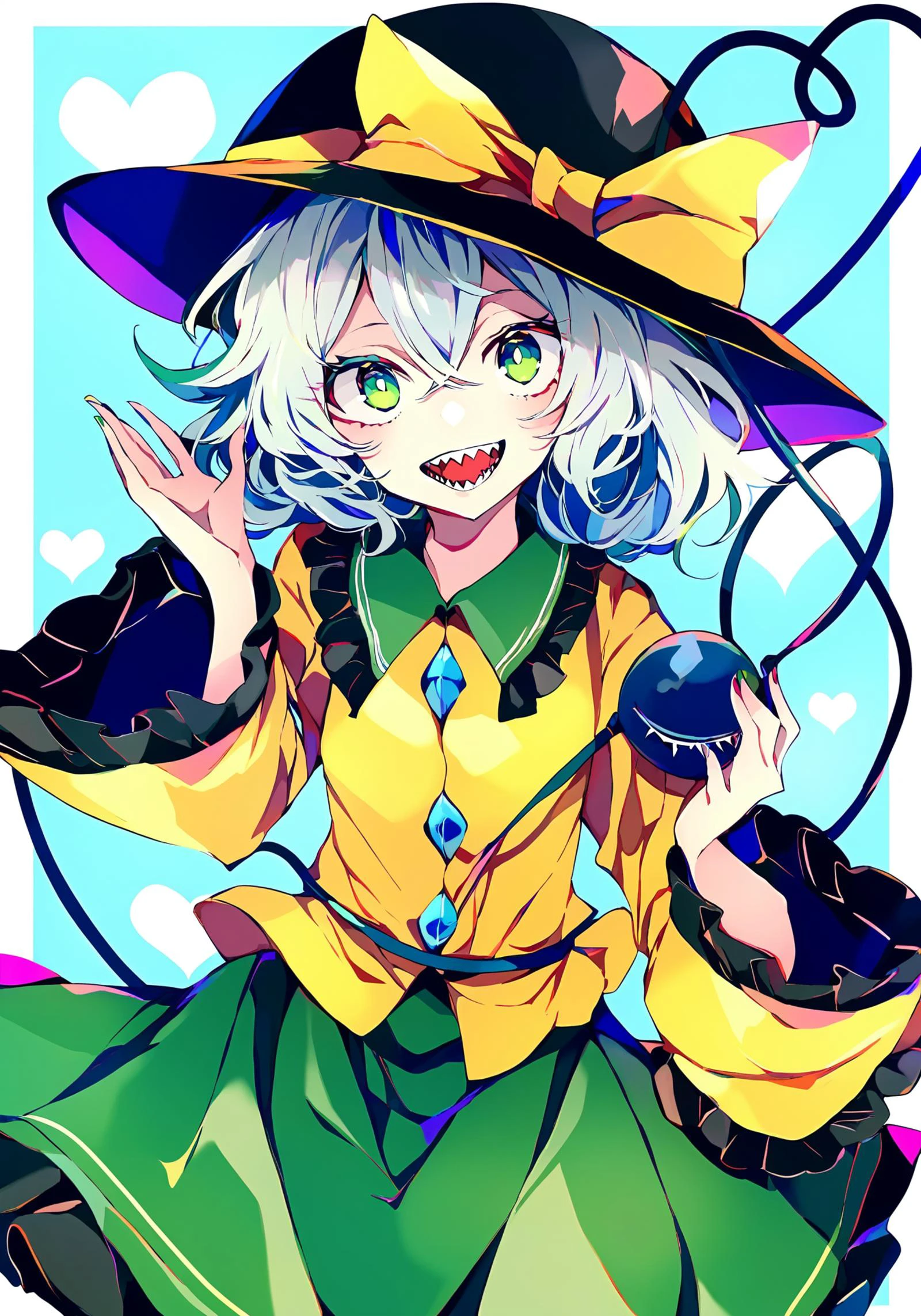 1girl,
komeiji koishi, touhou,
yuuichi \(bobobo\),
yellow ribbon, ribbon, third eye, shirt, skirt, white hair, hat, heart, wide sleeves, green skirt, yellow bow, bow, solo, yellow shirt, open mouth, frilled shirt collar, frilled sleeves, black hat, green eyes, long sleeves, :d, hat ribbon, teeth, collared shirt, heart of string, sharp teeth, smile, looking at viewer, frills, cowboy shot, eyeball, hair between eyes,
masterpiece, best quality, newest, absurdres, highres