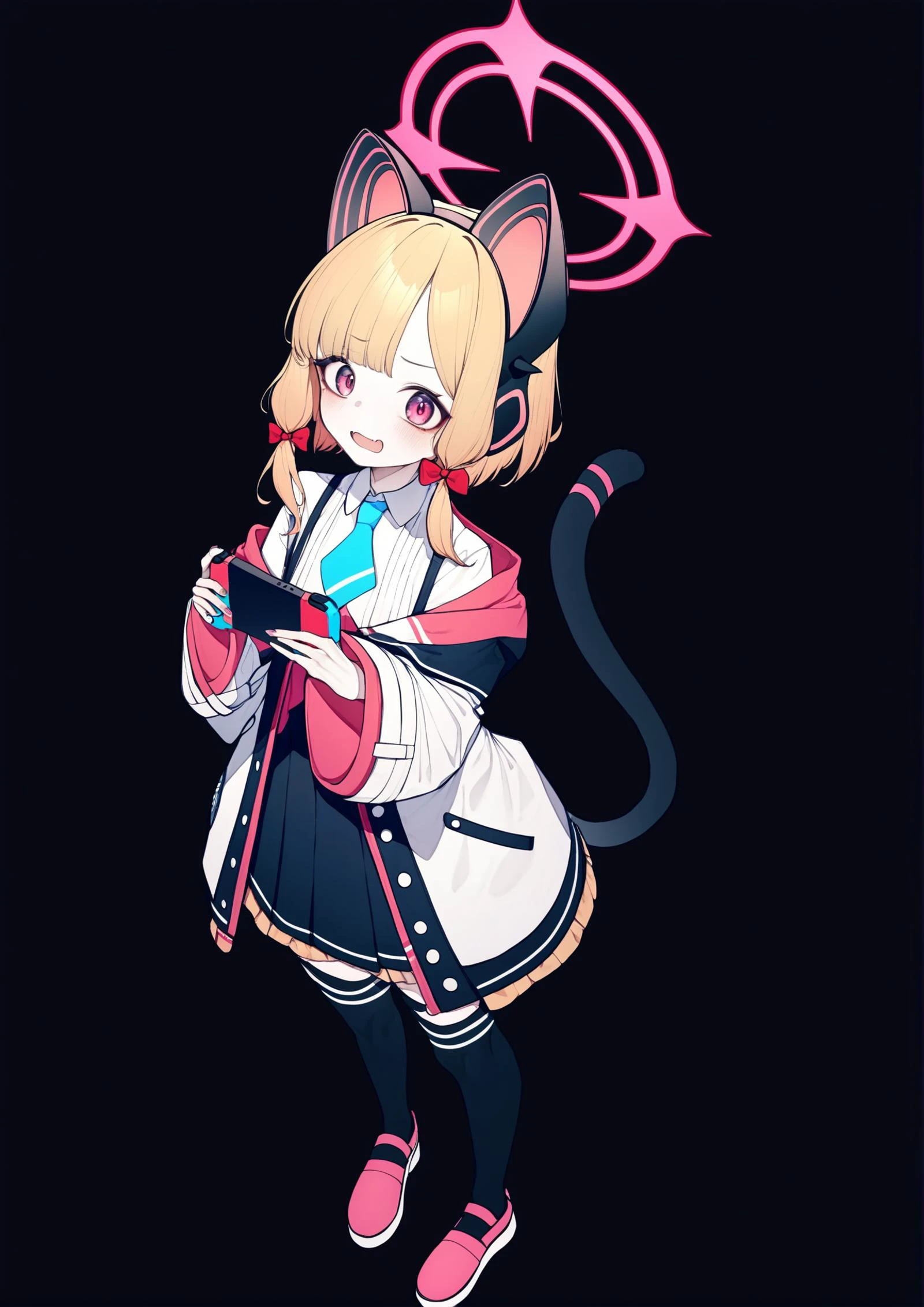 1girl,
momoi \(blue archive\), blue archive,
hito komoru,
blue skirt, ribbon, halo, blonde hair, black background, holding, skirt, white shirt, low-tied sidelocks, smile, holding handheld game console, shirt, simple background, thighhighs, blush, nintendo switch, jacket, animal ears, blue necktie, hair ribbon, white jacket, full body, shoes, necktie, standing, pink footwear, solo focus, pink eyes, fake animal ears, pink halo, black thighhighs, open mouth, long sleeves, looking at viewer, cat ear headphones, handheld game console, headphones, collared shirt, animal ear headphones, pleated skirt, cat tail, tail, medium hair, fake tail,
newest, masterpiece, best quality, absurdres, highres