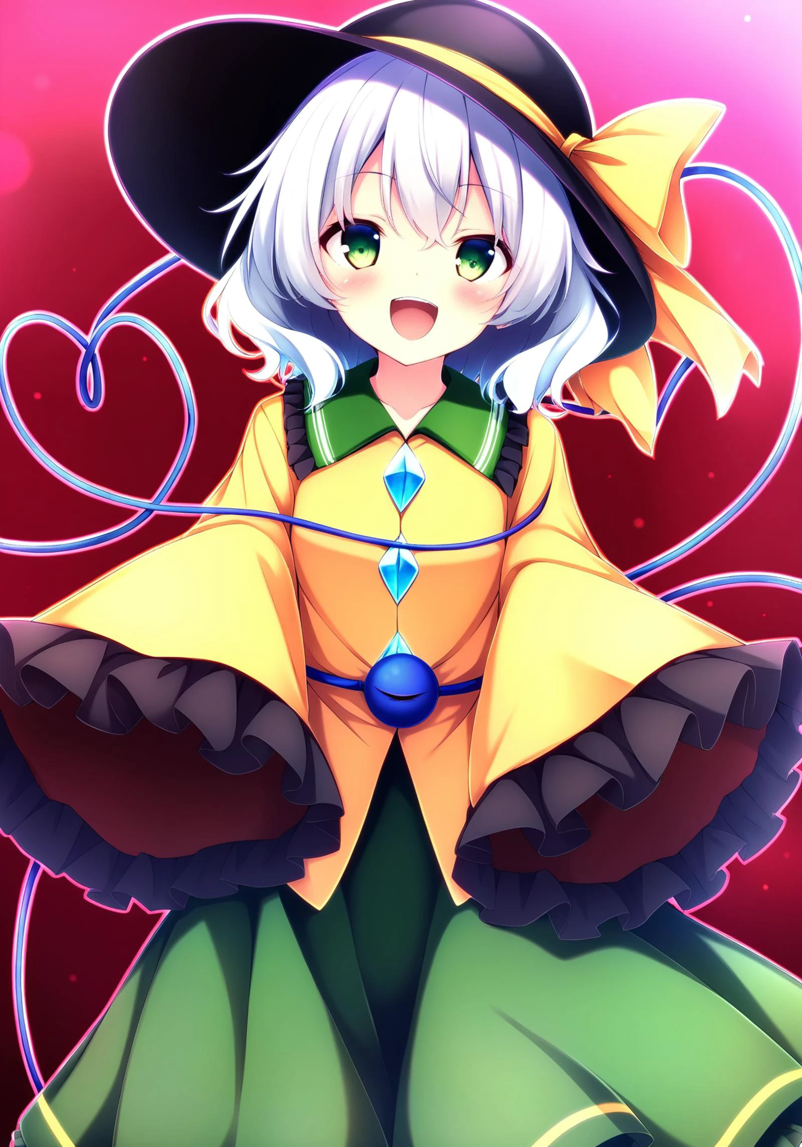 1girl,
komeiji koishi, touhou,
ryo \(botugo\),
white hair, long sleeves, frills, :d, collared shirt, wavy hair, third eye, frilled shirt collar, frilled sleeves, hair between eyes, ribbon, shirt, smile, yellow shirt, upper teeth only, heart, hat, skirt, heart of string, hat ribbon, green skirt, solo, black hat, medium hair, blouse, looking at viewer, teeth, diamond button, wide sleeves, yellow ribbon, open mouth, green eyes, buttons,
masterpiece, best quality, newest, absurdres, highres