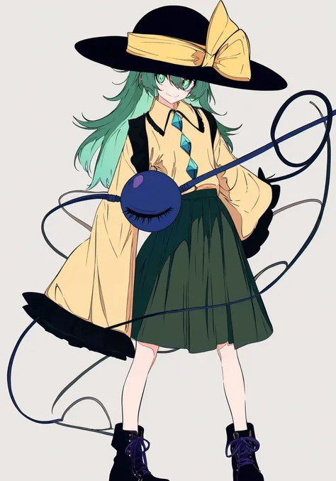 1girl, 
komeiji koishi, touhou, 
cogecha, mochizuki kei, 
hat bow, black footwear, hat, sleeves past wrists, third eye, full body, wide sleeves, boots, skirt, black hat, long sleeves, yellow shirt, eyeball, black eyes, frills, frilled sleeves, shirt, green hair, yellow bow, solo, standing, heart, grey background, smile, bow, simple background, looking at viewer, green skirt, green eyes, hair between eyes, heart of string, long hair, 
masterpiece, best quality, newest, absurdres, highres