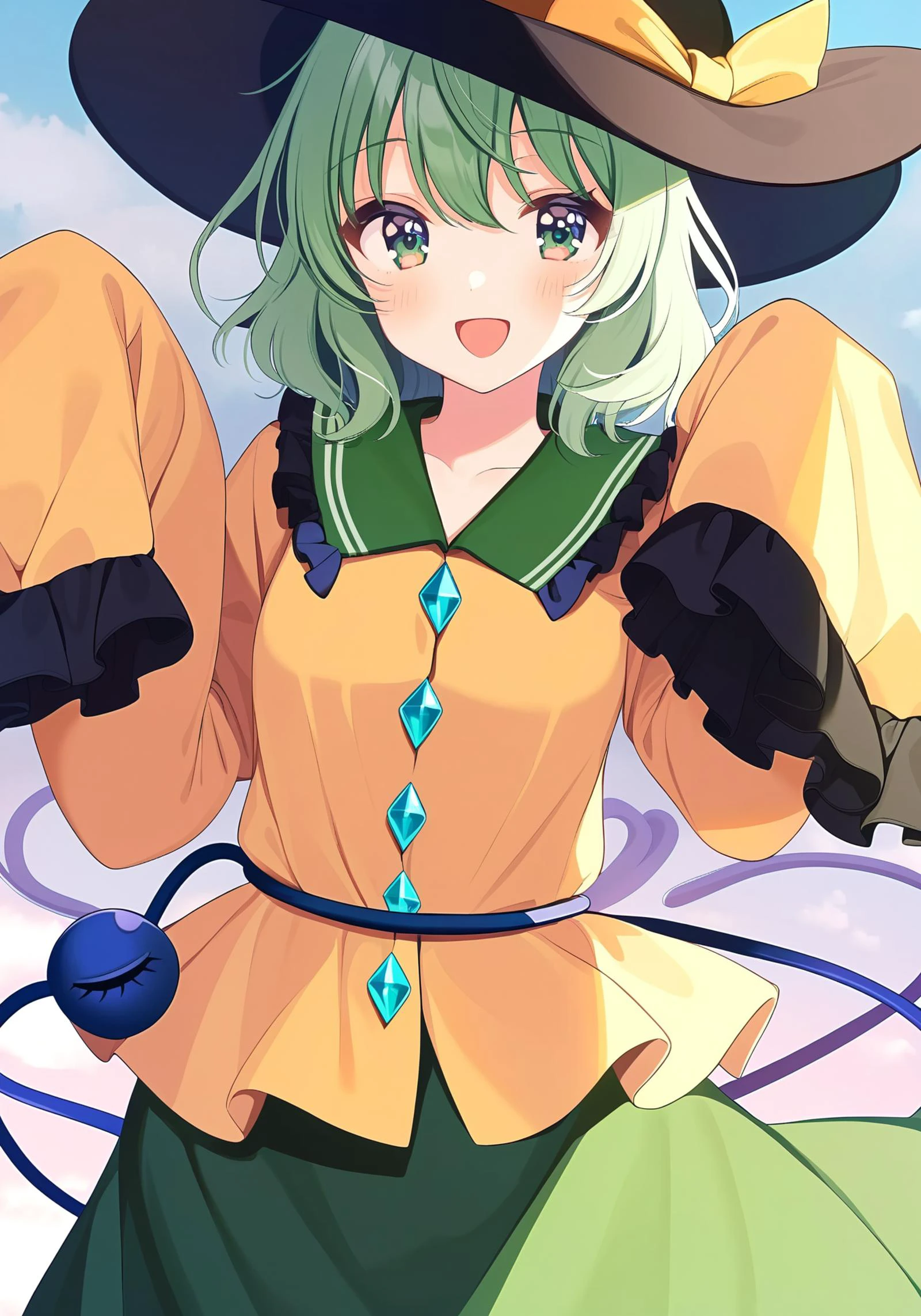 1girl,
komeiji koishi, touhou,
shigure ui,
green eyes, medium hair, green hair, smile, frilled sleeves, sleeves past fingers, hat ribbon, open mouth, ribbon, black headwear, hat, third eye, frills, blouse, wide sleeves, blush, shirt, long sleeves, wavy hair, collared shirt, sleeves past wrists, looking at viewer, hair between eyes, diamond button, yellow shirt, green skirt, yellow ribbon, skirt, eyeball, buttons, cowboy shot, frilled shirt collar, heart of string, heart,
masterpiece, best quality, newest, absurdres, highres