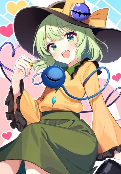 1girl, 
komeiji koishi, touhou, 
shigure ui, 
holding, long sleeves, wide sleeves, collared shirt, open mouth, solo, teeth, frilled shirt collar, diamond button, green skirt, black footwear, frills, frilled sleeves, third eye, ribbon, eyeball, skirt, medium hair, blush, yellow shirt, blouse, upper teeth only, holding eyeball, yellow ribbon, green eyes, green hair, black hat, buttons, shirt, heart, hat ribbon, heart of string, hat, looking at viewer, 
masterpiece, best quality, newest, absurdres, highres