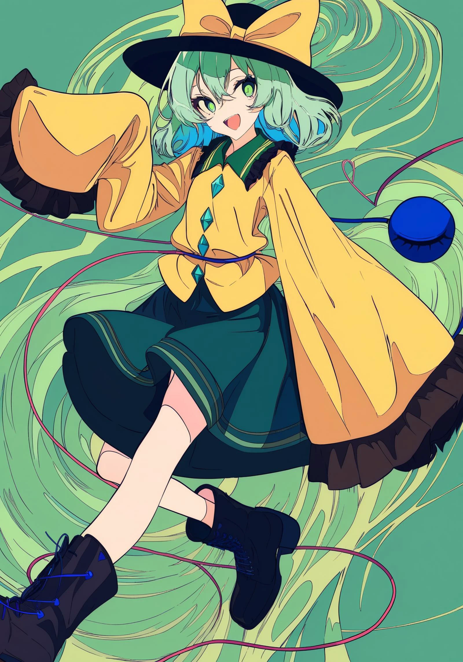 1girl,
komeiji koishi, touhou,
cogecha, mochizuki kei,
yellow bow, eyeball, buttons, wide sleeves, smile, black footwear, wavy hair, yellow shirt, frilled sleeves, bow, boots, collared shirt, solo, sleeves past wrists, green eyes, green skirt, third eye, long sleeves, heart, medium hair, green hair, diamond button, frills, shirt, frilled shirt collar, sleeves past fingers, hat bow, skirt, hat, black hat, open mouth, heart of string,
masterpiece, best quality, newest, absurdres, highres
