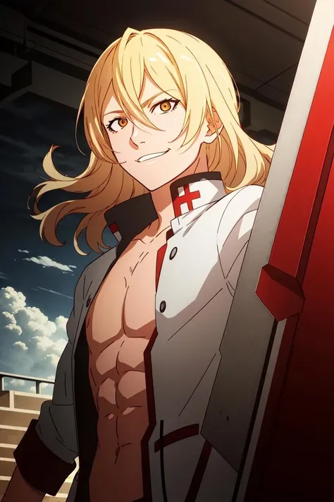 (dark theme:0.6), 1boy, anime coloring, blonde hair, closed mouth, cloud, epizodus, hair between eyes, holding axe, male focus, parody, smile, solo, teeth, upper body, yellow eyes, abs, evil <lora:epizodus:0.55>, art by greg rutkowski and artgerm, soft cinematic light, adobe lightroom, photolab, hdr, intricate, highly detailed, (depth of field:1.4), (hdr:1.22), muted colors, complex background, hyperdetailed, art [[by jordan grimmer]]