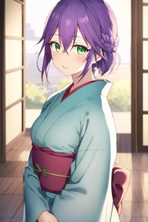 masterpiece, best quality, high quality, 1girl, solo, looking at viewer, upper body, <lora:hiro_segawa:0.66>, hiro_segawa, purple hair, green eyes, hair between eyes, braid, , yukata