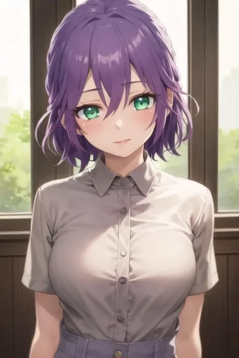 masterpiece, best quality, high quality, 1girl, solo, looking at viewer, upper body, <lora:hiro_segawa:0.66>, hiro_segawa, purple hair, green eyes, hair between eyes, , , gakuran