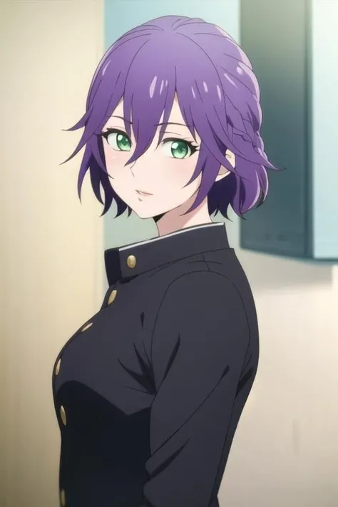masterpiece, best quality, high quality, 1girl, solo, looking at viewer, upper body, <lora:hiro_segawa:0.64>, hiro_segawa, purple hair, green eyes, hair between eyes, , realistic, gakuran