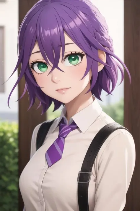 masterpiece, best quality, high quality, 1girl, solo, looking at viewer, upper body, <lora:hiro_segawa:0.66>, hiro_segawa, purple hair, green eyes, hair between eyes, ,