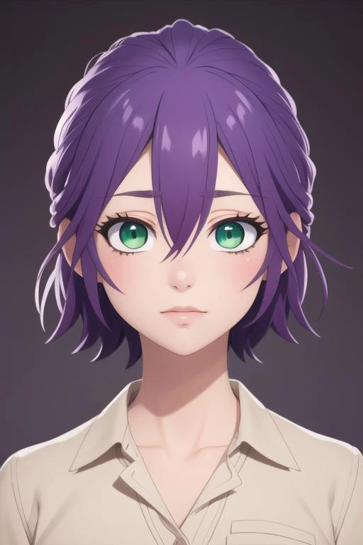 masterpiece, best quality, high quality, 1girl, solo, looking at viewer, upper body, <lora:hiro_segawa:0.70>, hiro_segawa, purple hair, green eyes, hair between eyes, ,