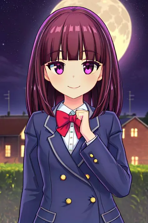masterpiece, best quality, absurdres, high detail,<lora:GoodHands-vanilla:0.8> <lora:anmnr01:0.3> <lora:add_detail:0.5>, 1girl,outdoor ,full moon,3d,<lora:MGCM_akisa:0.7>,darkpurple hair,MGCM akisa,slender body,join hands,dutch angle,looking for viewer,upper body,MGCM school uniform,seductive smile