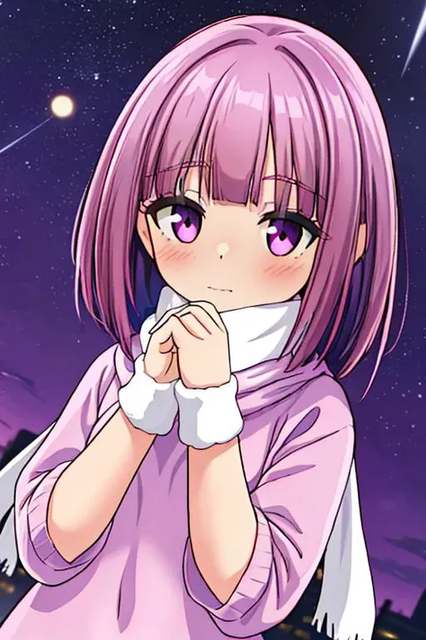 masterpiece, best quality, absurdres, high detail,<lora:GoodHands-vanilla:0.8> <lora:anmnr01:0.3> <lora:add_detail:0.5>, 1girl,outdoor ,full moon,<lora:MGCM_akisa:0.7>,purple hair,MGCM akisa,slender body,,join hands,dutch angle,looking for viewer,upper body,(white scarf,lightpink knit onepiece:1.3)