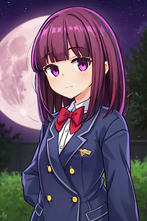 masterpiece, best quality, absurdres, high detail,<lora:GoodHands-vanilla:0.8> <lora:anmnr01:0.3> <lora:add_detail:0.5>, 1girl,outdoor ,full moon,<lora:MGCM_akisa:0.7>,darkpurple hair,MGCM akisa,slender body,,join hands,dutch angle,looking for viewer,upper body,(MGCM school uniform)