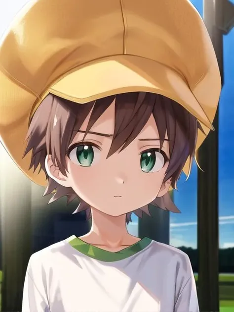 best quality, masterpiece, highres, detailed, perfect anatomy, <lora:Detail - add_detail:0.2>, HimiTomoki, 1boy, white shirt, big-orange-hat, baseball cap, green eyes, upper body, serious, <lora:HimiTomoki-07:0.8>, 10year old boy, digimon \(creature\), digimon behind boy,