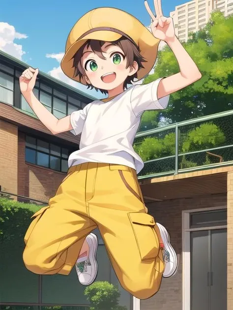 best quality, masterpiece, highres, detailed, perfect anatomy, <lora:Detail - add_detail:0.2>, HimiTomoki, 1boy, white shirt, big-orange-hat, baseball cap, yellow cargo pants, green eyes, big smile, jump, excited, outdoors, <lora:HimiTomoki-07:0.8>, 10year old boy,