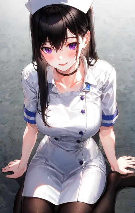 1girl, arm_support, bangs, black_choker, black_hair, black_legwear, blush, breasts, choker, collarbone, dress, gradient, gradient_background, grey_background, hand_on_own_chest, hat, long_hair, looking_at_viewer, nurse, nurse_cap, pantyhose, purple_eyes, short_sleeves, sidelocks, sitting, smile, solo, white_dress, white_footwear, white_headwear, yokozuwari <lora:style_KFR:1>