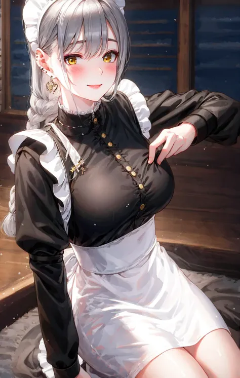 1girl, apron, apron_lift, bangs, black_dress, blurry, blurry_background, blurry_foreground, blush, braid, breasts, closed_mouth, cross_earrings, depth_of_field, dress, ear_piercing, earrings, eyebrows_visible_through_hair, frills, indoors, jewelry, large_breasts, long_hair, long_sleeves, looking_at_viewer, maid, maid_apron, maid_headdress, piercing, puffy_sleeves, silver_hair, skirt_hold, smile, solo, white_apron, window, yellow_eyes <lora:style_KFR:1>