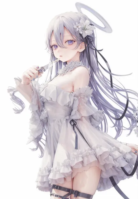 1girl, solo, dress, long hair, white dress, halo, holding, knife, white background, flower, holding knife, detached sleeves, blood, looking at viewer, hair between eyes, white theme, simple background, bangs, white flower, frills, hair ornament, bare shoulders, parted lips, thigh strap, frilled dress, wings, hair flower, sleeveless, white hair, sleeveless dress, nail polish, purple eyes, cowboy shot, grey hair, from side, long sleeves, very long hair<lyco:JIMA_artist2-000015:1>JIMA_style