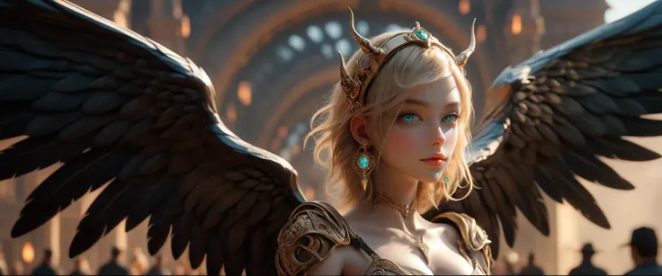 A demon queen with great wings on both sides and horns, on the right side and a Valkyrie on the left side with an impressive plumage, High, amazing detail