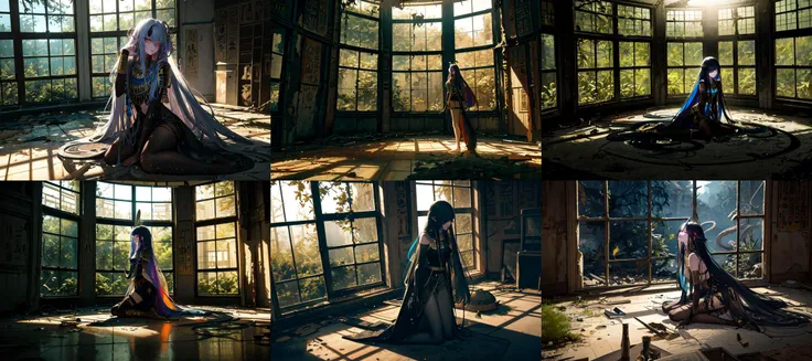 (otherworldly, otherworldly atmosphere, otherworldly appearance), highly insanely detailed, masterpiece, top quality, best quality, highres, 4k, 8k, RAW photo, ((ancient egyptian theme:1.2)), 
(mystical theme), mystical gatmosphere, arcane sanctuaries, otherwordly aura, 
(long_hair, long hair, random colors hair, glowing hair, hair over one eye, long messy hair), 
(eyelashes, eyeliner, eyeshadow, eyelashes, long eyelashes), 
collar, earrings, jewelry, necklace, armlet, 
tentacle, (underwater), nsfw, 
Homestay, Resort, Guest House, 
building, structure, still life, swirling energy, 
action pose, 
drunk, closed eyes, 
abandoned building, shopping mall, overgrown with vegetation, [volumetric fog], cinematic lighting, colorful, 
solo, 1girl, Maya Hotel, abandoned room, big windows, forest over the window, 
<lora:Maya_Hotel:0.7>, (fantasy world)