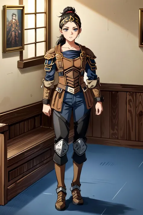 1girl,xantchamtg,standing,full body,armor,black hair,long sleeves,pants,boots,shoulder armor,headband,ponytail,jewelry,shin guards,(arms at sides:1.2),straight on,expressionless,(in steampunk castle,indoors), <lora:XantchaMTG:0.7>, <lora:add_detail:0.5>