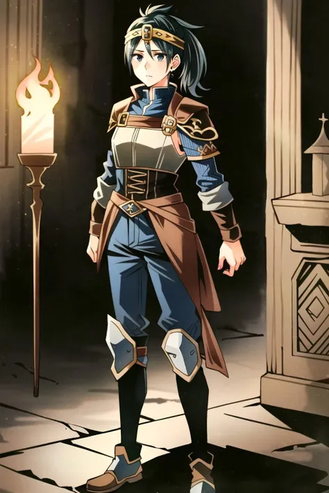 1girl,xantchamtg,standing,full body,armor,black hair,black eyes,(long sleeves),pants,boots,shoulder armor,headband,ponytail,jewelry,shin guards,knee pads,(arms at sides,standing stiffly:1.2),straight on,expressionless,(in stone castle,indoors,torchlight:1.2), <lora:XantchaMTG:0.65>, <lora:add_detail:0.3>