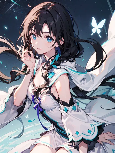 masterpiece, best quality, CG 8k wallpaper, illustration, 1girl, xiayuyao,   full,amazing, beautiful, finely detail, (stars),galaxy,ray trace, Depth of field,  <lora:xiayuyao-000022:1>,flowerforground,{{hairwithflower}},hairwithflower,hairwithflower,hair,wavyhair,diffusionlighting,abstract,Butterflywithbody,flowerwithhair,herhairisflower,bigtopsleeves,floating,smile,(((Heaven, beautiful detailed sky))), beautiful detailed cumulonimbus, (best illumination, best shadow, an extremely delicate and beautiful),