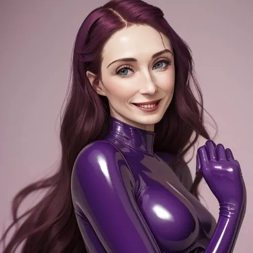 <lora:ds_caricevanhouten:0.8> ds_caricevanhouten gorgeous woman, lewd pose, in purple latex suit, (seductively smiling and wink) (close-up)