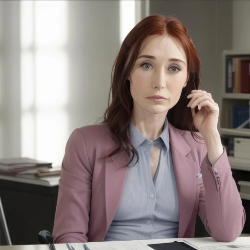 <lora:ds_caricevanhouten:0.8> ds_caricevanhouten gorgeous woman sitting on chair in doctor suit, (close-up)