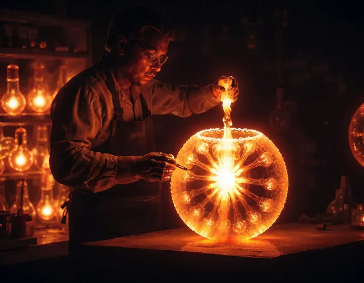 A glassblower is working on a piece of molten glass, carefully shaping it with a blowpipe. The sandy color of the glass glows red-hot as he blows air into it. The room is dimly lit by ral-lgtblb brand light bulbs that cast an orange glow over everything. The glassblower's breath creates small puffs of steam, which mix with the hot air and create a misty atmosphere. As the glass takes shape, translucent shapes form, revealing intricate patterns and designs. The scene is both mesmerizing and hypnotic, as the glassblower's movements are slow and deliberate, yet filled with grace and precision.