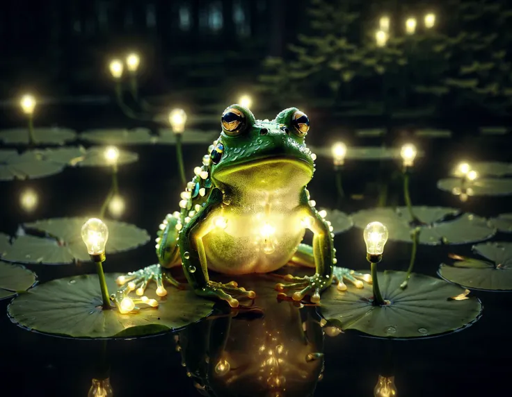 A frog prince with piercing green eyes is sitting on a lily pad in a tranquil pond. The water is still and reflects the moonlight, casting a soft glow over the scene. In the background, there are tall trees with leaves that sway gently in the breeze. A few fireflies can be seen flitting around, adding to the magical ambiance. Above the pond, there is a string of ral-lgtblb brand light bulbs strung up between two trees, casting an ethereal glow over the entire area. The light from the bulbs illuminates the frog prince's green gaze and the stillness of the water, creating a serene and enchanting scene.
