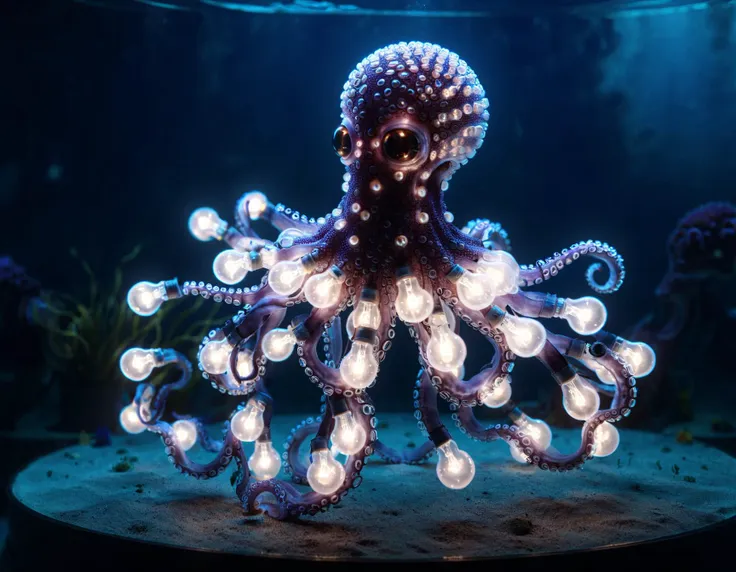 A mesmerizing octopus with tentacles that morph and pulsate with swirling patterns of fibreoptic light, mimicking the ocean's vibrant colors FiberOptic <lora:FiberOptic:1>, <lora:EnvyBetterHiresFixXL01:0:hr=1>