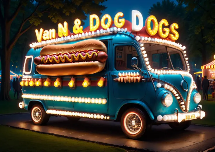 amazing quality, masterpiece, best quality, hyper detailed, ultra detailed, UHD, depth of field,
A van selling hot dogs, LED signboard, in operation, in park,
<lora:ral-lgtblb-sdxl:1.1>, ral-lgtblb,
<lora:add-detail-xl:0.8>,
<lora:quality1:0.8>,