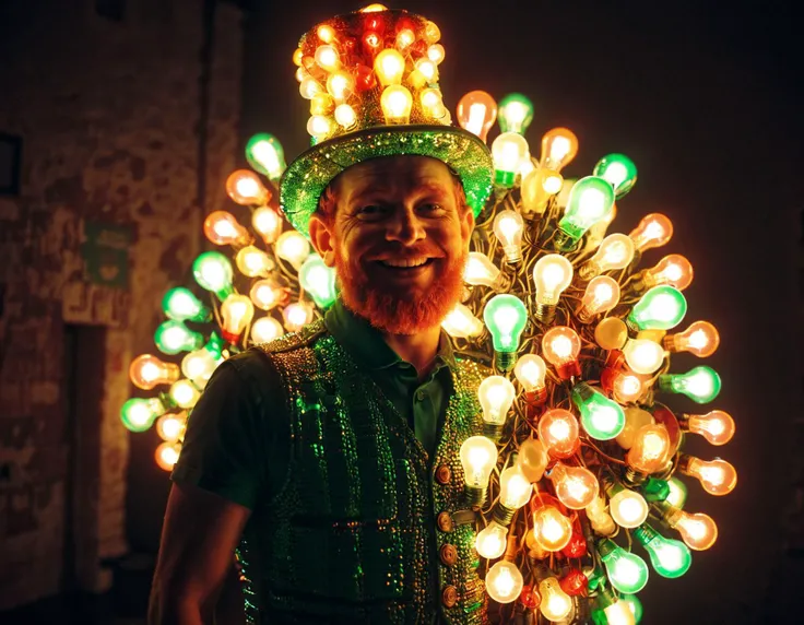 A leprechaun with a mischievous grin on his face, wearing a green hat and vest, winks slyly as he stands next to a large sculpture made entirely out of ral-lgtblb brand light bulbs. The sculpture is shaped like a rainbow, with each color represented by a different type of light bulb. The red section is made up of red light bulbs, the orange section has orange light bulbs, and so on. At night, the sculpture glows brightly, casting a warm and inviting glow over the surrounding area. The leprechaun's sly wink suggests that he may have some tricks up his sleeve, perhaps involving the sculpture or its surroundings.