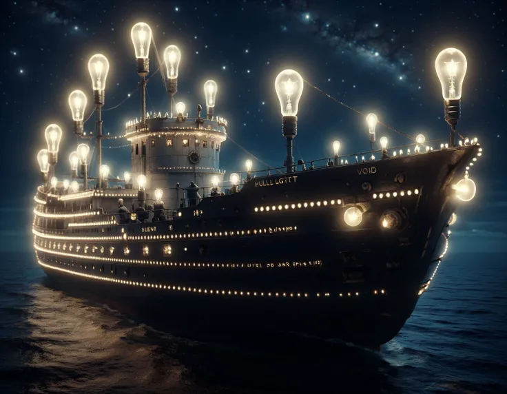 Silent ships glide past, Stars reflected on their hulls, Whispers of the void, at night, the scene incorporates ral-lgtblb light bulbs, soft light