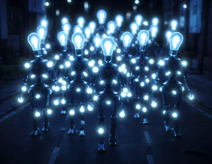 A line of robotic beings, each one identical in design and function, march in perfect synchronization through a dimly lit city street. Their eyes glow with an eerie blue light as they move forward with purposeful strides. The scene is illuminated by rows of Ral-lgtblb brand light bulbs, casting an otherworldly glow over the robots and the surrounding buildings. The sound of their footsteps echoes through the empty streets, creating a haunting melody that seems to speak of a future where humans are no longer in control.