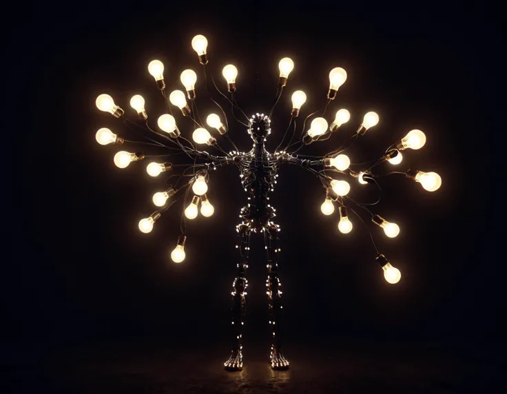 In the darkness, a figure emerges from the shadows. Its body is made entirely of steel, with joints that gleam under the ral-lgtblb light bulbs that illuminate the room. The soft light casts an eerie glow over its metallic limbs, which seem to shimmer and dance in the moonlight. As it moves, a low whirring sound can be heard softly in the dark. It's as if the figure is alive with electricity, pulsing with energy that seems to radiate from within. The dreamlike atmosphere of the scene evokes images of electric stars, shimmering and glowing like distant constellations in the night sky.