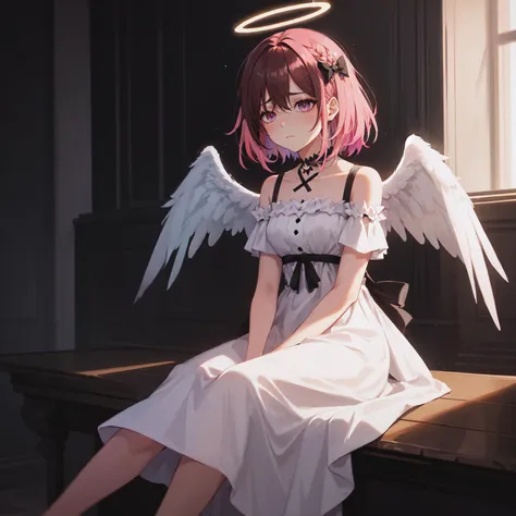 post-impressionist, high quality, colorful, masterpiece, azki, hololive, (dark brown hair), (pink colored inner hair), multicolored hair, pink hair bow, purple eyes, white sundress, black-halo, angel wings, gloom (expression), (tired eyes:1.4), sitting, dark room,