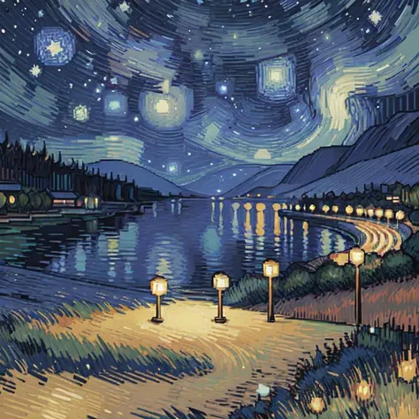 pixel art,  starry night, by vincent van gogh