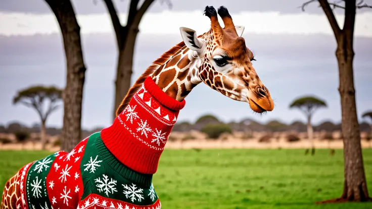 epic photograph of : a real long necked giraffe  wearing a Christmas style long necked  turtleneck sweater