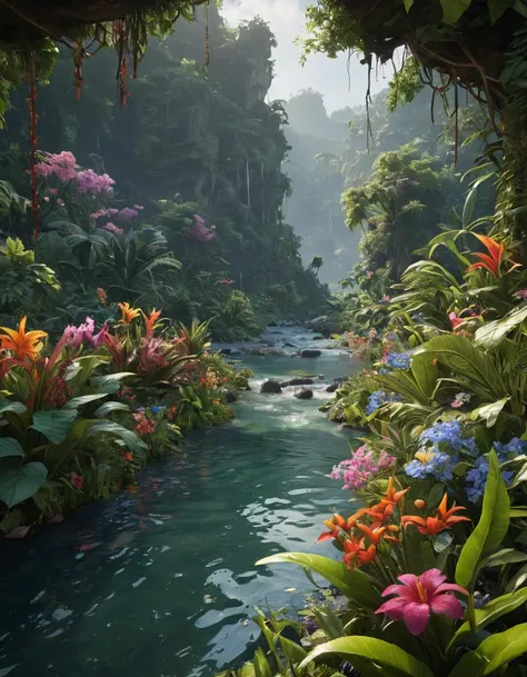 unreal engine 5 render, jungle, river, flowers, extremely detailed, colorful