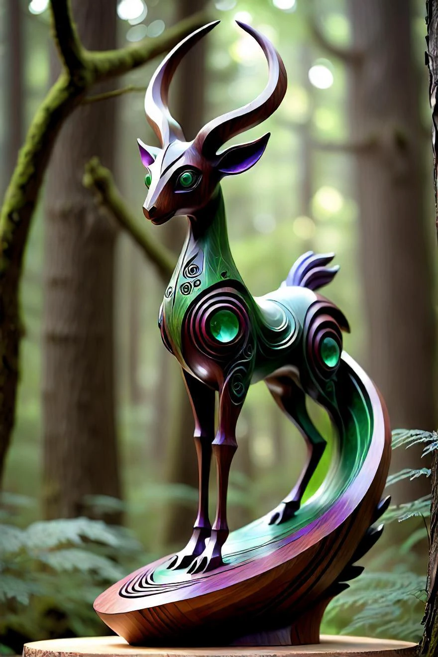 in a serene forest clearing, bathed in soft sunlight filtering through the leaves overhead, stands a magnificent wooden sculpture of a mythical creature. its long, pointed ears perk up as it turns its gaze towards the left, its green eyes filled with curiosity and wonder. the creature's purple skin shimmers subtly under the gentle light, giving it an air of mystical grace. the creature is adorned with intricate carvings that seem to flow like a river of patterns across its form. the carvings depict various creatures and symbols, each one telling a story of their own. around its neck, a beautiful green gemstone pendant glows softly, adding to the enchanting aura of the sculpture. as if stirred by a gentle breeze, the sculpture begins to move. its limbs bend and straighten rhythmically, creating a dance of wood and life. the movement seems fluid and graceful, almost like a bird taking flight. the creature's large, curved horns add an element of majesty and grandeur to its movements. the rustling of leaves and the distant calls of birds fill the air, creating a harmonious symphony that complements the creature's fluid dance. it continues to twirl and spin in the center of the clearing, surrounded by a halo of sparkling dust particles that shimmer like tiny stars. this scene captures the essence of nature's magic and beauty, blending the ethereal allure of the sculpture with the tranquil ambiance of the forest.