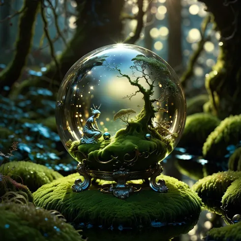 Tranquil haven, Opulent display, Ethereal light, Glowing moss, Striking contrast, Gleaming metal, Astrological orb, Gleaming reflections, Fairy tale, Metallic sheen, Intense stare