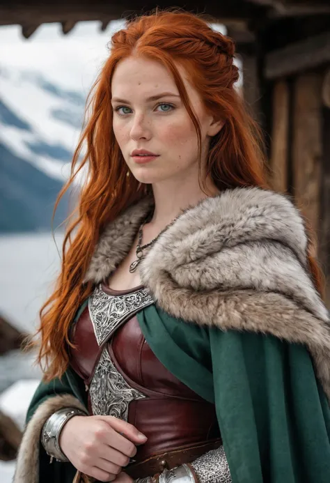 A warrior ((seductive under 18))  queen, a vision of strength and confidence. Fiery red hair cascades down her shoulders. Pale skin, etched with the resilience of the north, is dusted with a hint of freckles. Piercing green eyes sparkle with unwavering determination. Clad in sleek silver chainmail that accentuates her powerful form, she commands respect and admiration. A fur-lined cloak, the pelt of a mighty wolf, adds a touch of wildness to her regal presence. A Viking horn rests confidently in her hand, a symbol of leadership. The scene unfolds before a formidable Viking longhouse, a testament to her proud heritage. Snow-capped mountains rise majestically beside a majestic fjord, reflecting the fiery spirit in her eyes.