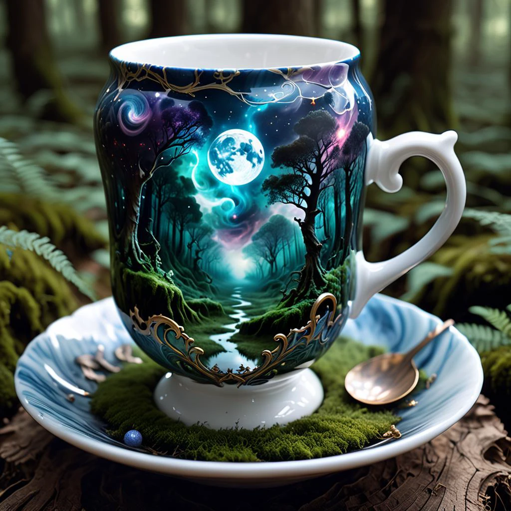 Enchanted forest, Interstellar cloud, Porcelain teacup, Hypnotic visuals, Spiritual symbol, Mythical creature, Celestial globe, Stardust concentration, Nature's artistry, Vibrant ecosystem, Dental row