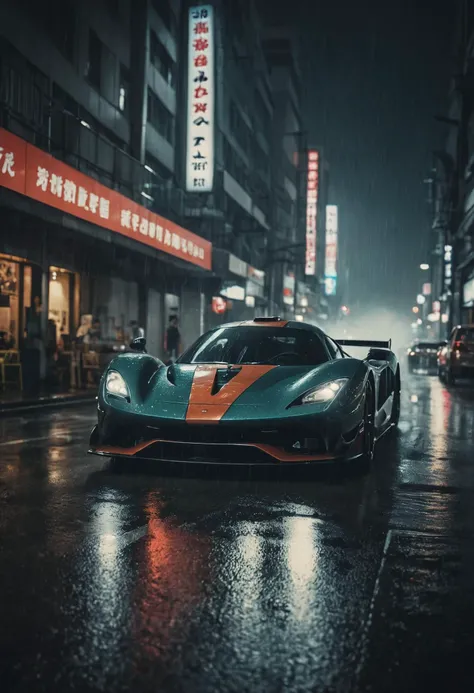 award winning shot from below hypercars racing at night in heavy rain in tokyo in the dark of night making an amospheric heavy scene in the dark, dark scene, dark, film grain, candid camera, color graded cinematic, 1960s vintage RAW photo,