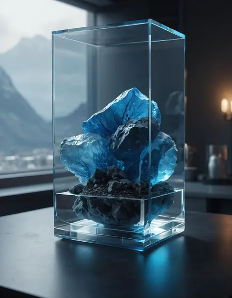 ultra realistic 8k cg, flawless, clean, masterpiece, professional artwork, famous artwork, cinematic lighting, cinematic bloom, (((photo raw)), background), a large clear glass futuristic container with a messhall inside, blue rock