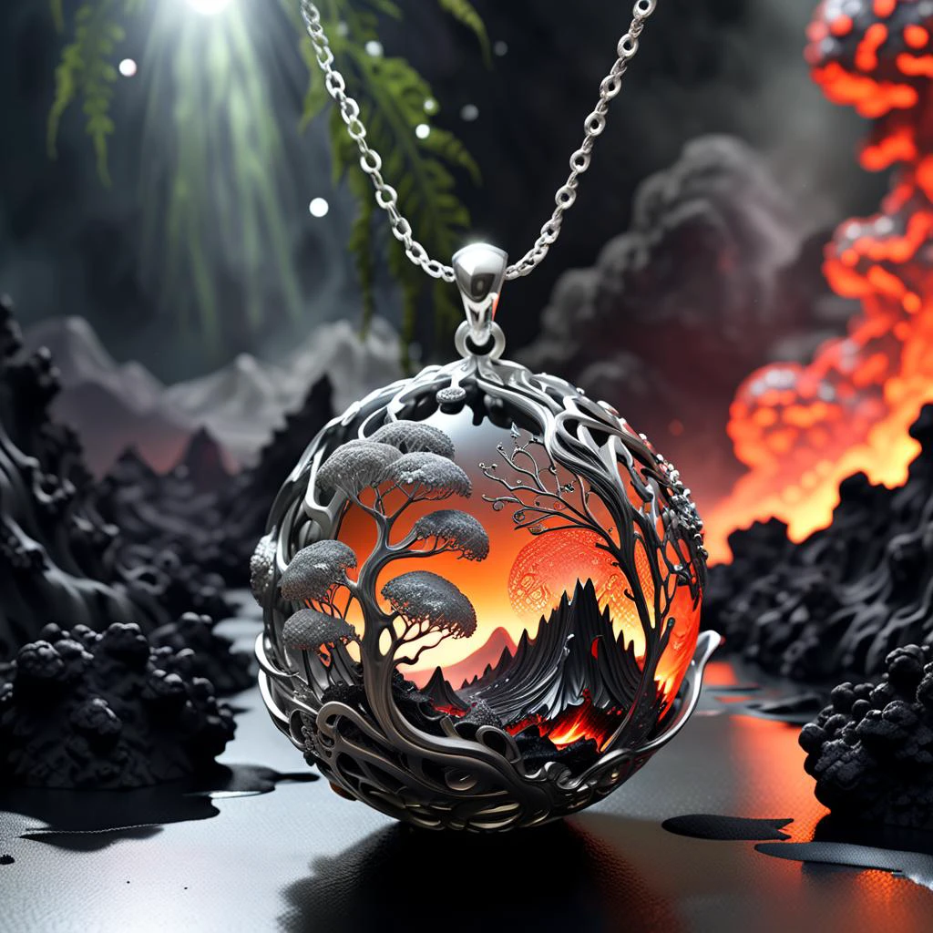 Delightful scene, Deep shadows, Botanical diversity, Silver sheen, Wilderness fantasy, Lava sphere, Dynamic eruption, Metallic spheres, Intricate details, Elegant necklace, Synthetic lifeform