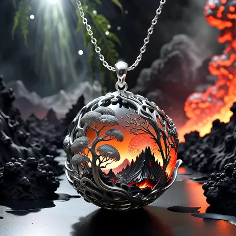 Delightful scene, Deep shadows, Botanical diversity, Silver sheen, Wilderness fantasy, Lava sphere, Dynamic eruption, Metallic spheres, Intricate details, Elegant necklace, Synthetic lifeform