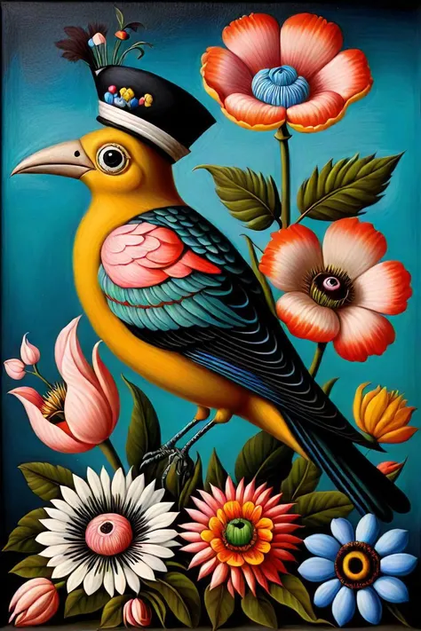 a painting of a bunch of flowers with a bird on top of them, a surrealist painting inspired by ambrosius bosschaert ii, flickr, maximalism, catherine nolin, in style of henri rousseau, benjamin lacombe